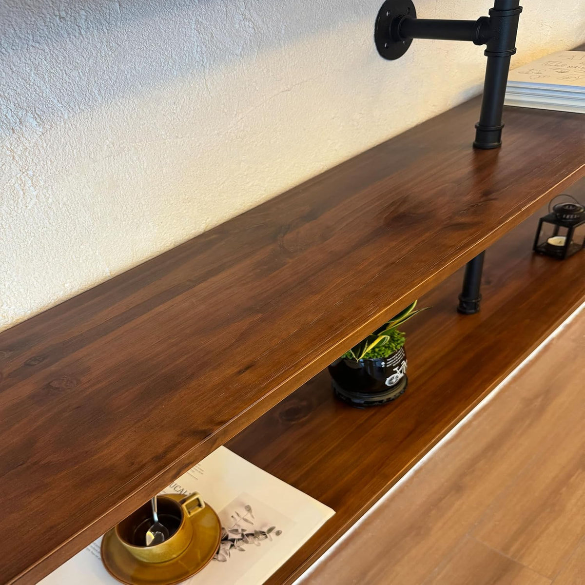 Industrial Pipe Wall Shelves With Real Wood Plank, 70 Inches Floating Shelves for Wall, 4 Tier