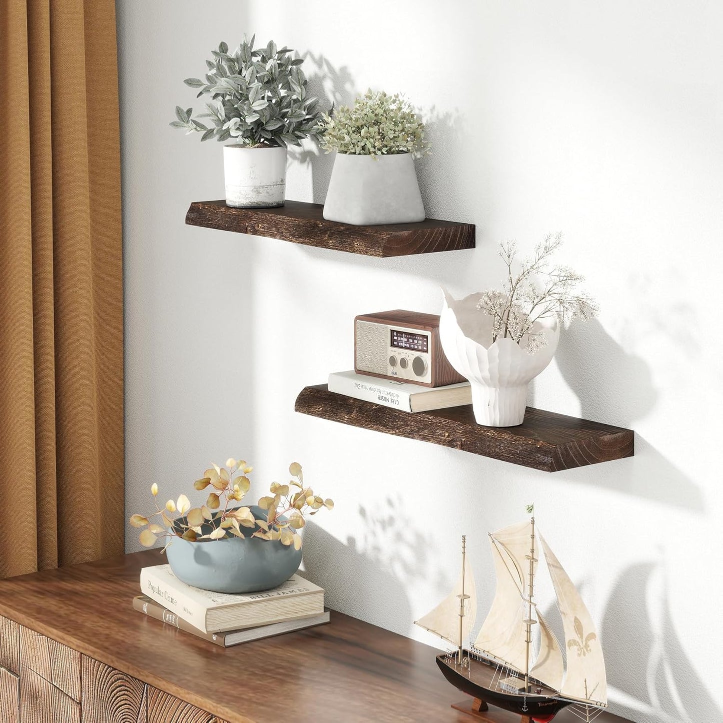 24" Floating Shelves, Live Edge Solid Elm Wood Floating Shelf, Wall Mounted Display Shelves with