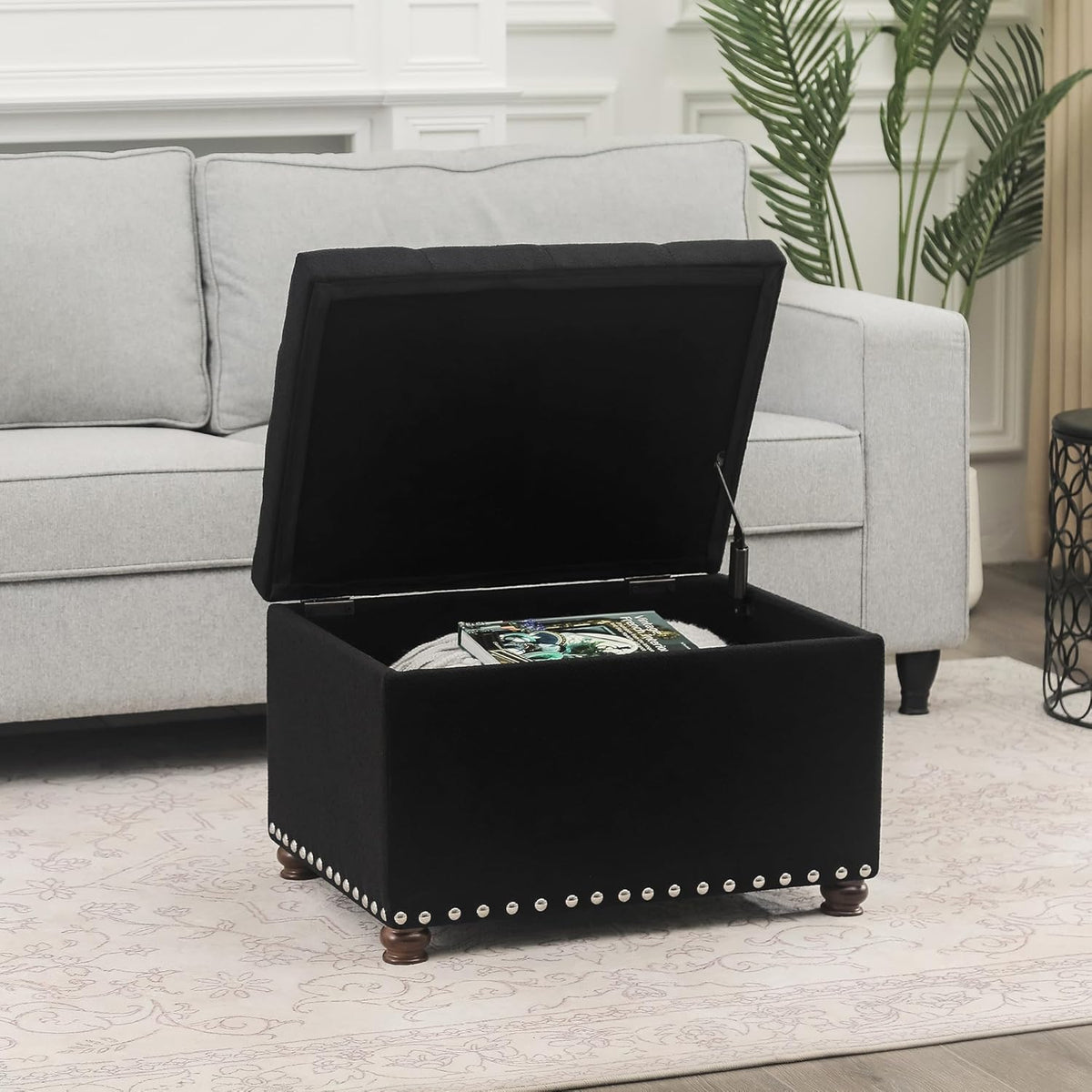Joveco Storage Ottoman Bench, Rectangle 24″ Linen Foot Rest Stool Square Footstool for Living Room