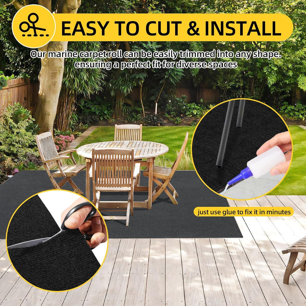 Marine Carpet,5 FT x 10 FT Black Indoor Outdoor Carpet 0.2" Thick Boat Carpet with Water-Proof TPE