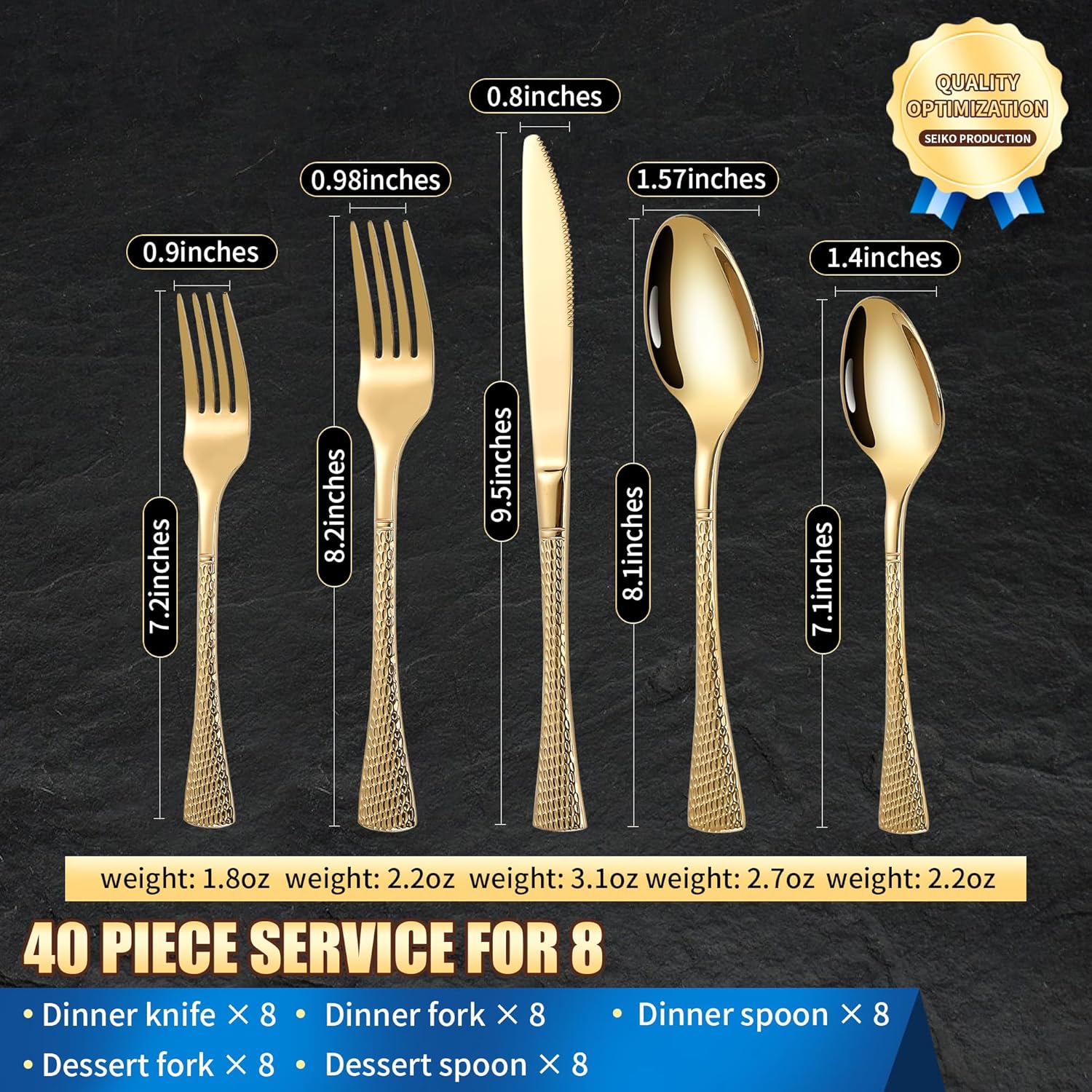 Hammered Gold Silverware Set for 8,Stainless Steel 40-Piece Modern Cutlery Set,Mirror Polished