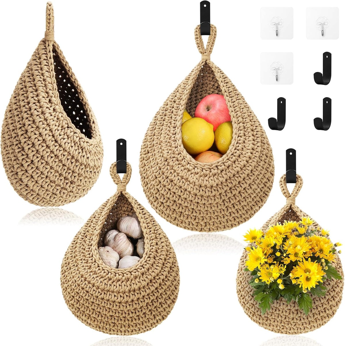 Wall Hanging Baskets for Organizing - 3 Pack Hanging Fruit Basket with 6 Pcs Strong Hooks