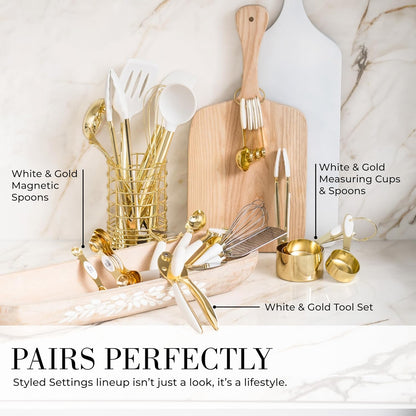 White Silicone and Gold Cooking Utensils Set with Gold Utensil Holder - 7-Piece Silicone Cooking