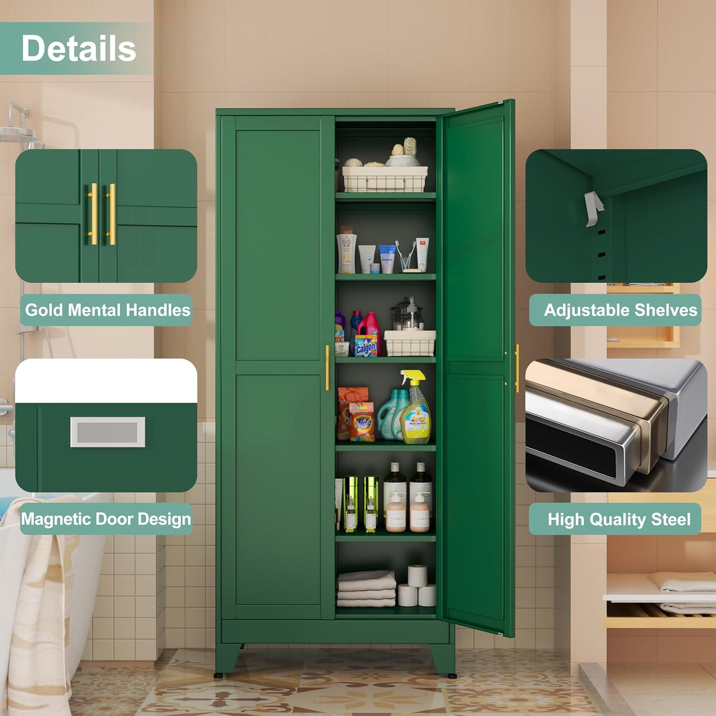 Metal Pantry Cabinet with 2 Doors and 5 Adjustable Shelves, 75" Kitchen Storage Cabinet with Gold