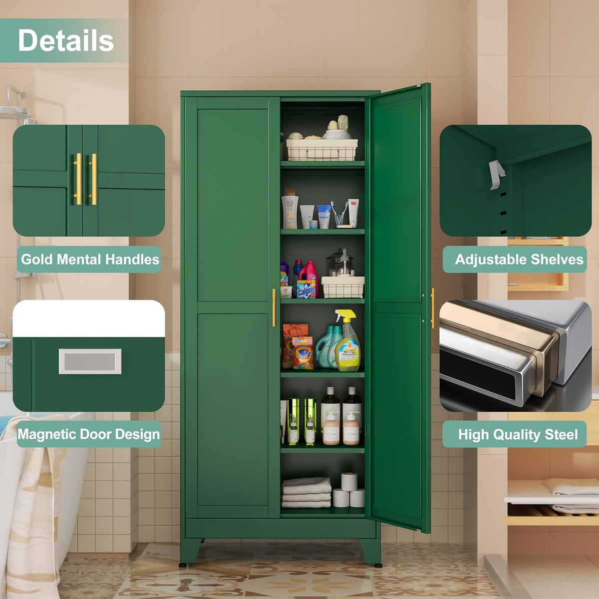 Metal Pantry Cabinet with 2 Doors and 5 Adjustable Shelves, 75" Kitchen Storage Cabinet with Gold