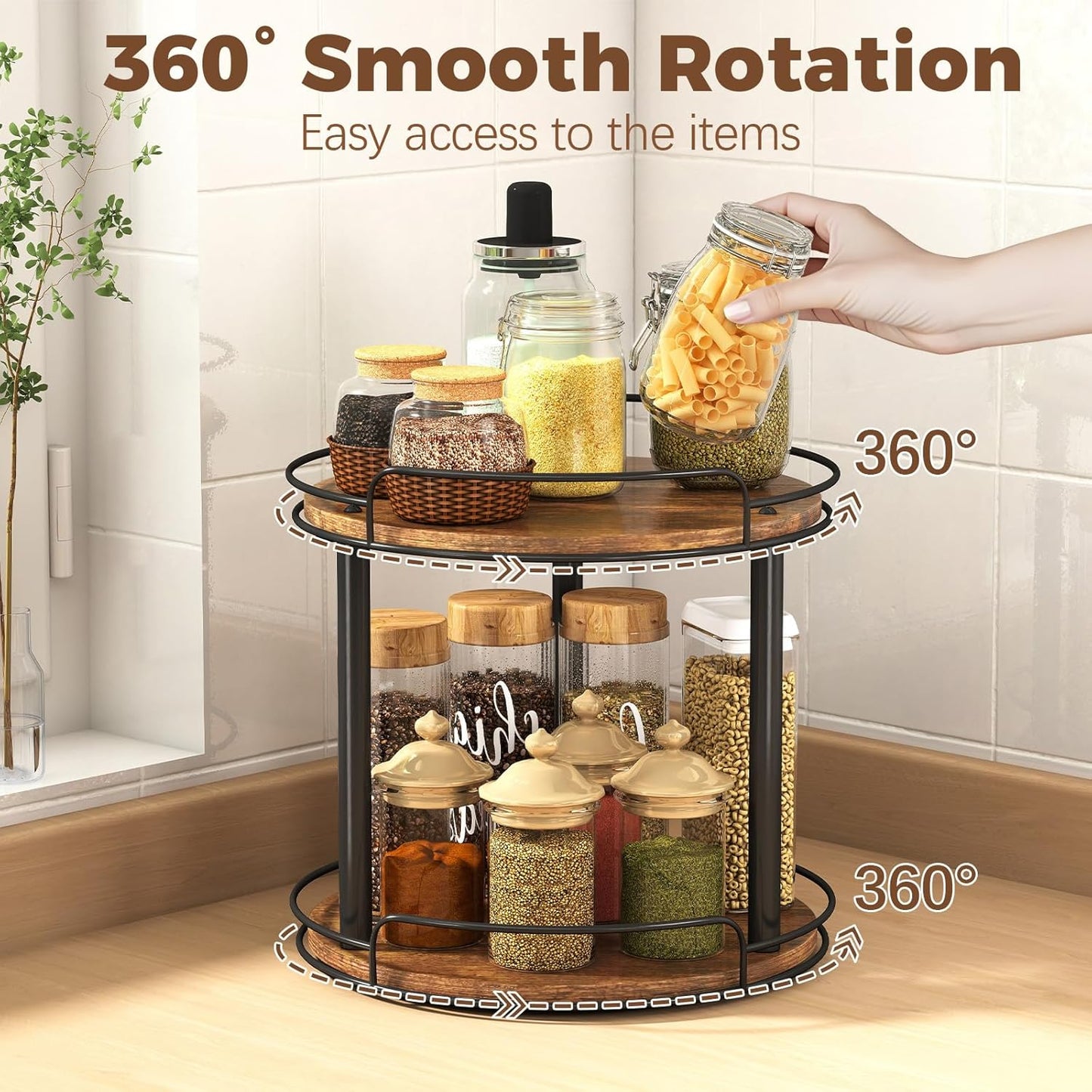 LAMU 12.2'' Wood Lazy Susan Turntable Organizer for Cabinet, 2 Tier Lazy Susan Spice Rack Organizer