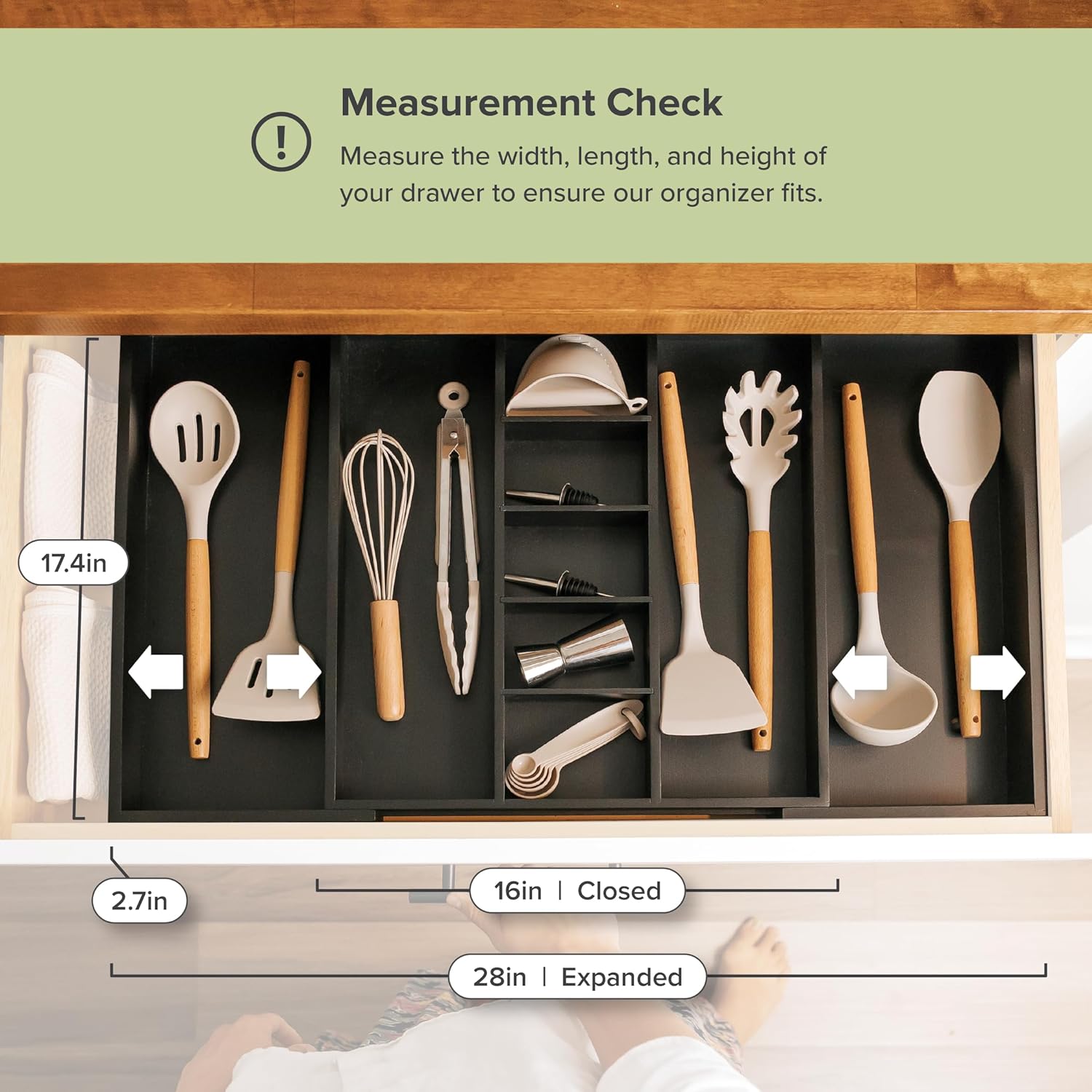 Adjustable Kitchen Drawer Organizer for Utensils and Junk, Food-Safe Contract Grade with 100%