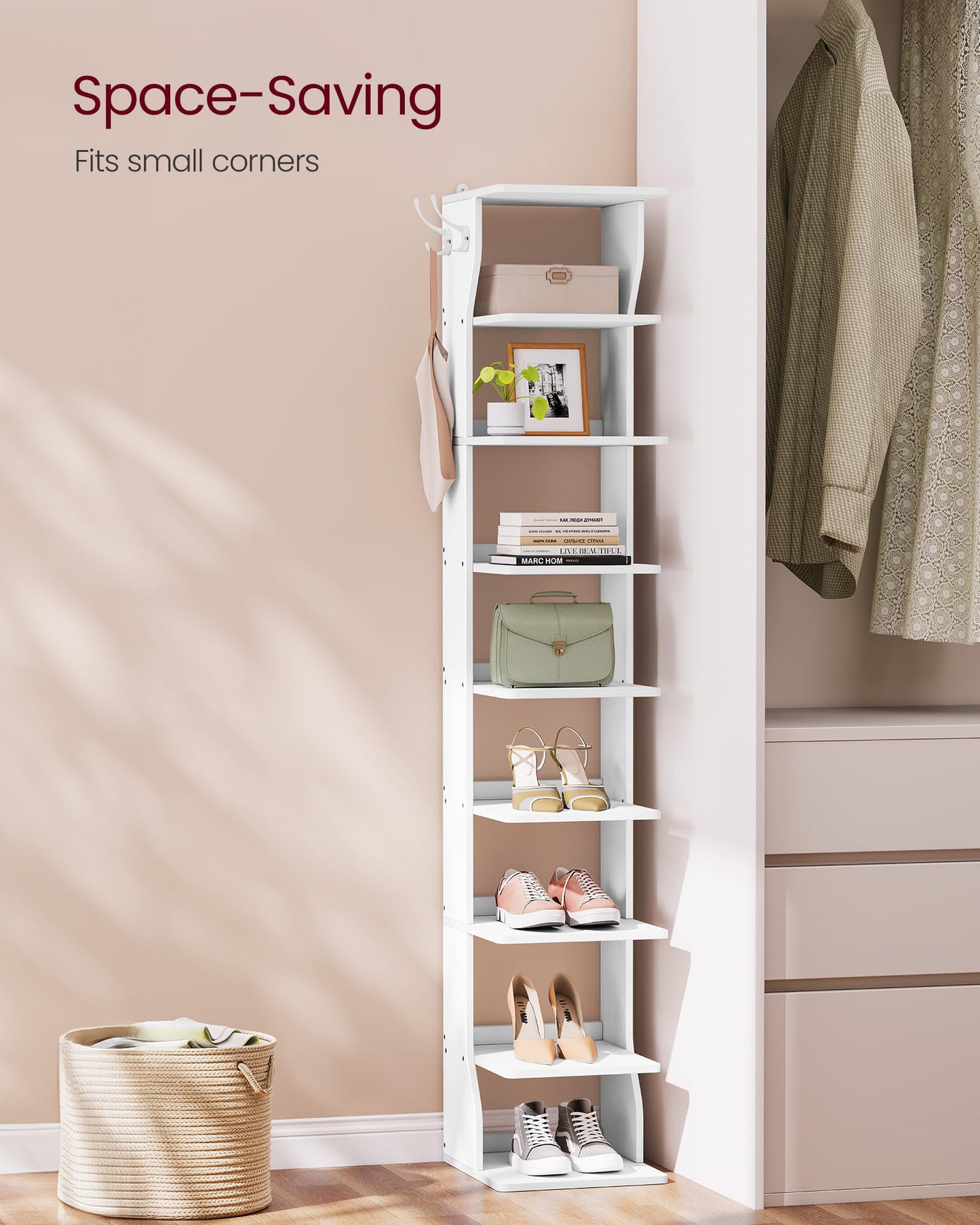 VASAGLE 9-Tier Vertical Shoe Rack, Narrow Shoe Storage Organizer with Hooks, Slim Corner Tower
