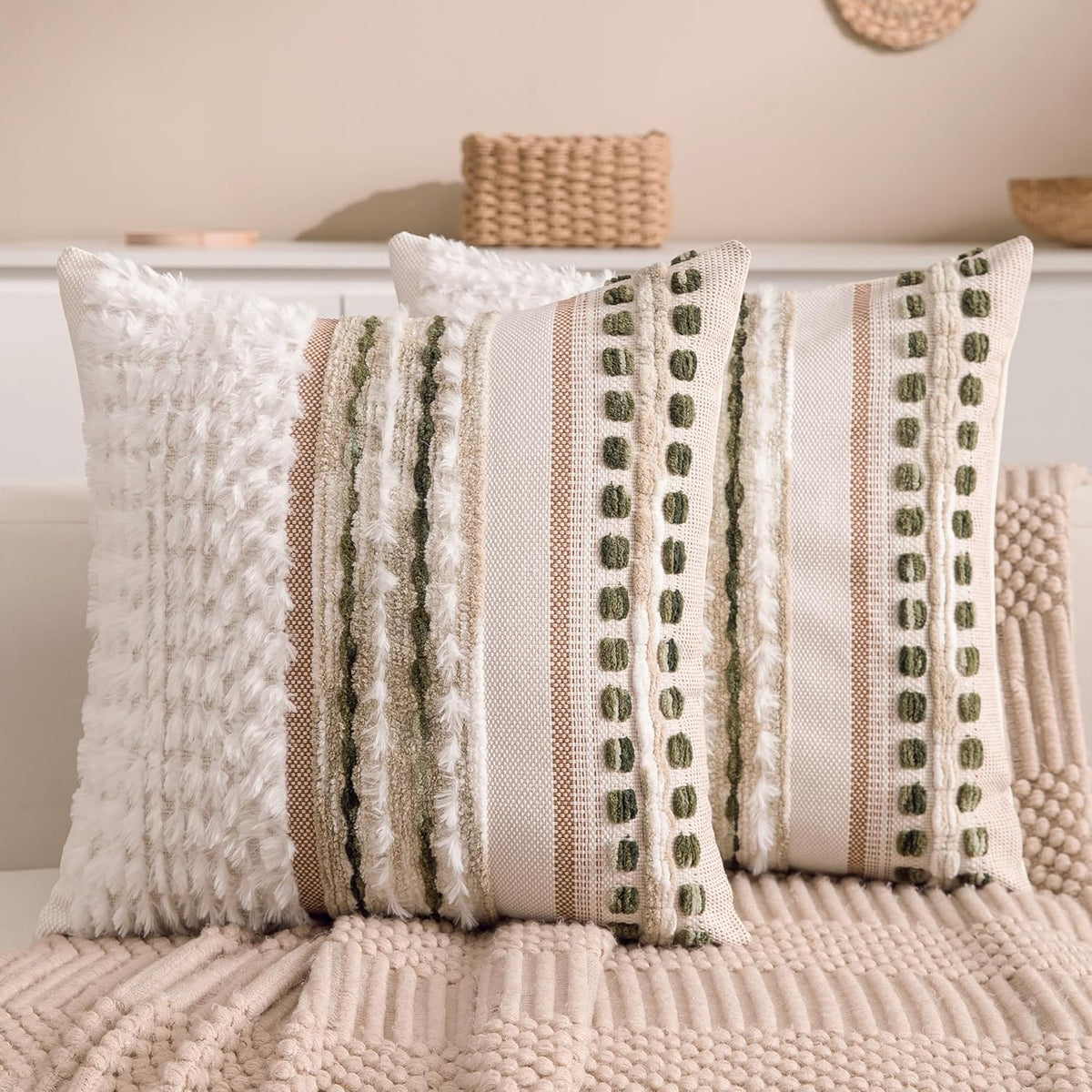Boho Chenille Tufted Couch Throw Pillow Covers 18x18 Inch Set of 2 Farmhouse Striped Decorative