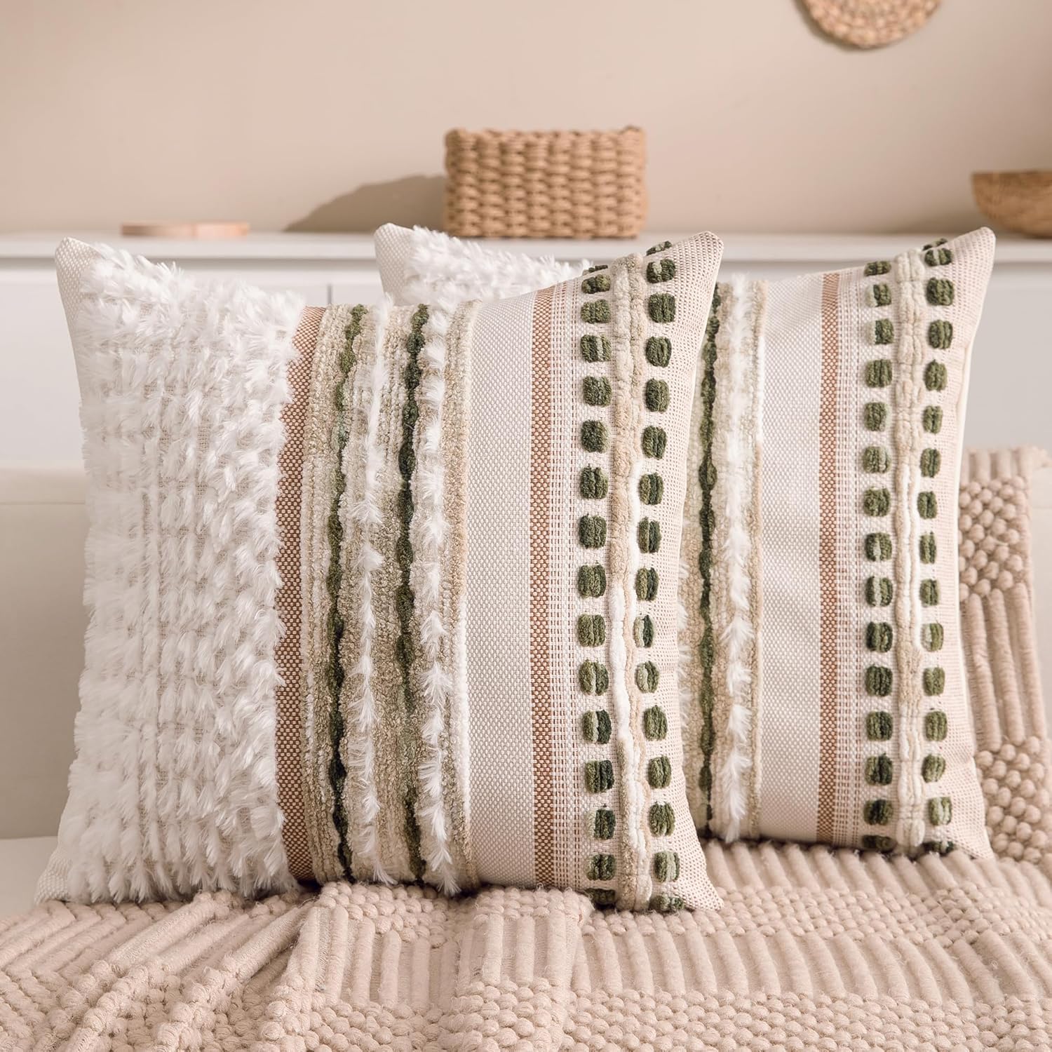 Boho Chenille Tufted Couch Throw Pillow Covers 18x18 Inch Set of 2 Farmhouse Striped Decorative