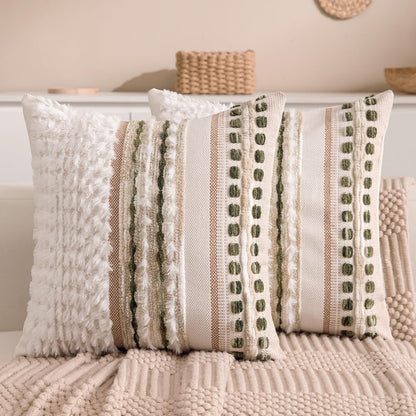 Boho Chenille Tufted Couch Throw Pillow Covers 18x18 Inch Set of 2 Farmhouse Striped Decorative