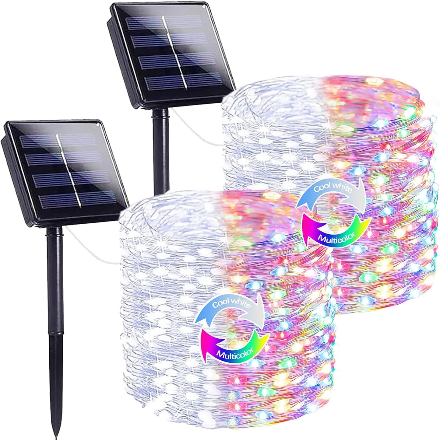 SANJICHA Cool White and Multicolor Color Changing Solar String Lights, Extra-Long 2PK 144FT 400LED