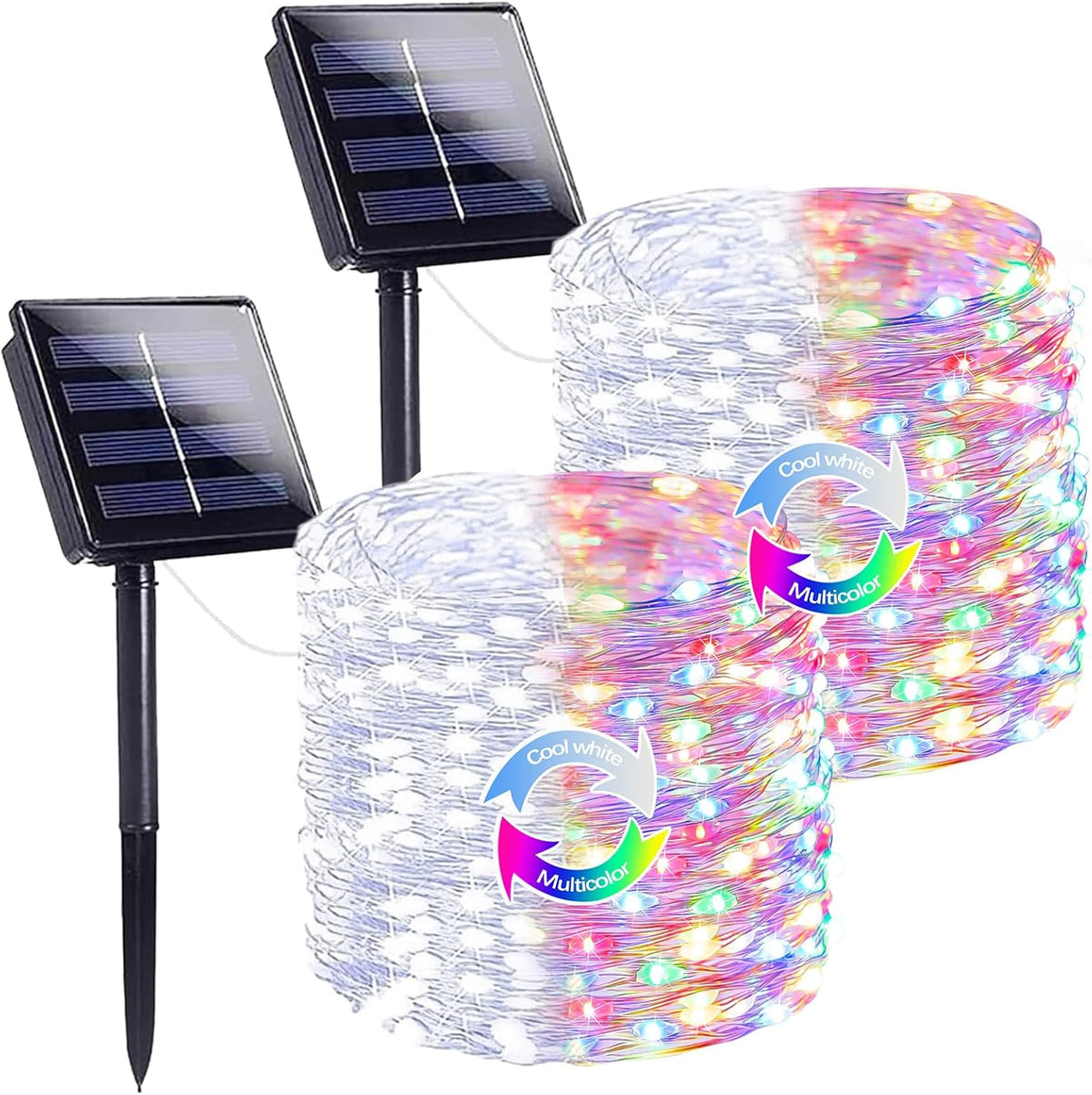 SANJICHA Cool White and Multicolor Color Changing Solar String Lights, Extra-Long 2PK 144FT 400LED