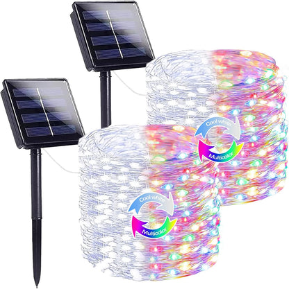 SANJICHA Cool White and Multicolor Color Changing Solar String Lights, Extra-Long 2PK 144FT 400LED
