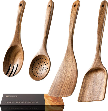 Wooden Spoons for Cooking, Nonstick Cooking Utensil Set with 4 Piece Acacia Wooden Spatulas and