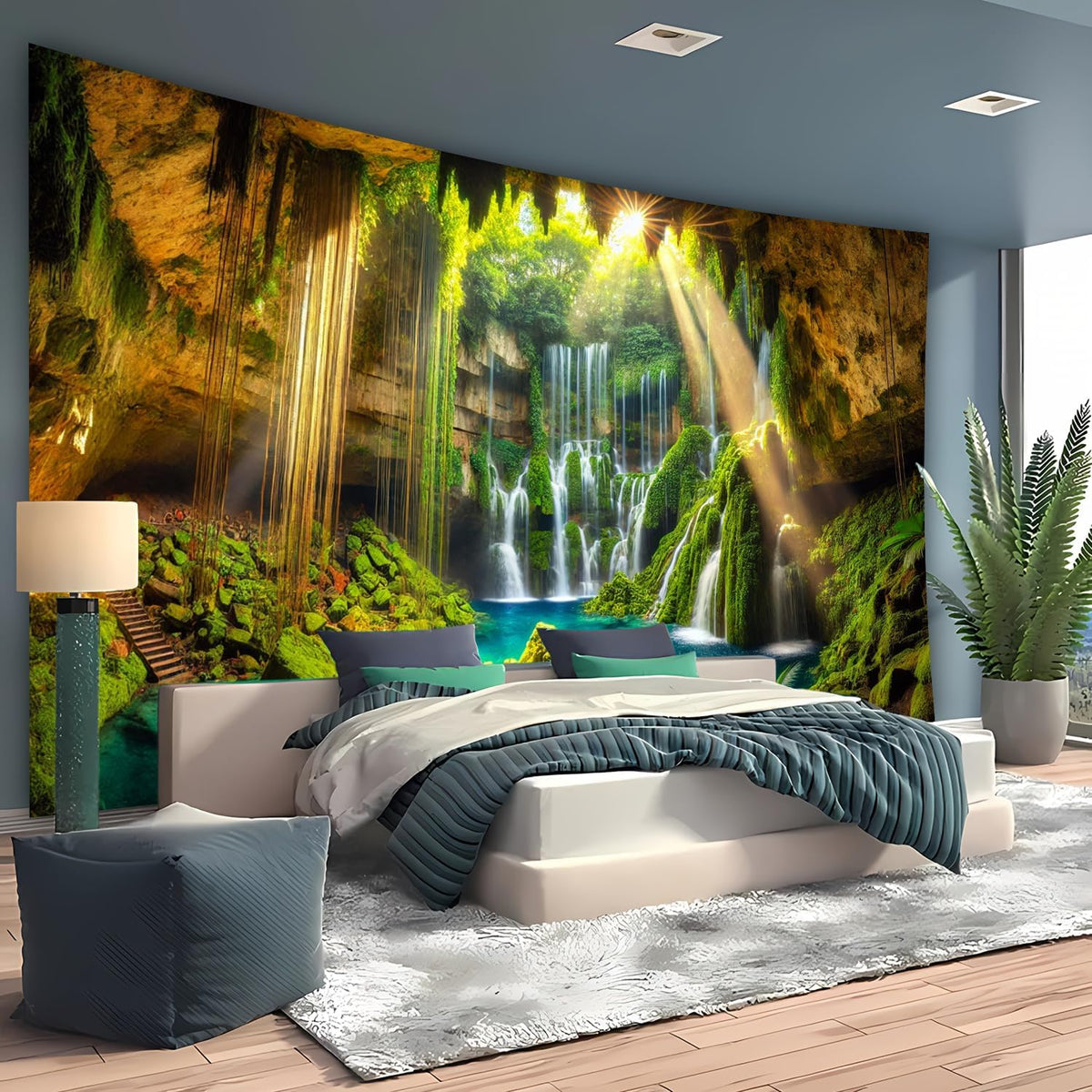 BSFHH Nature Tapestry Forest Tree Sea Cave Wall Hanging, Stream Through Rainforest Landscape Wall