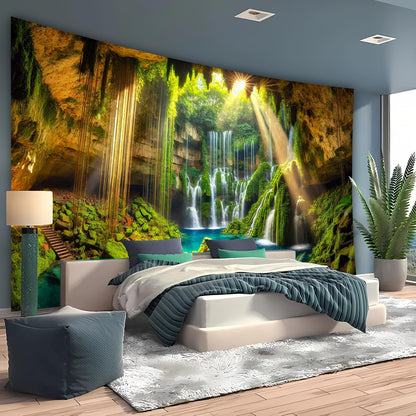 BSFHH Nature Tapestry Forest Tree Sea Cave Wall Hanging, Stream Through Rainforest Landscape Wall