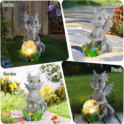 Solar Garden Outdoor Statues Dragon Holding Magic Orb with Solar LED Lights - Lawn Decor Outdoor