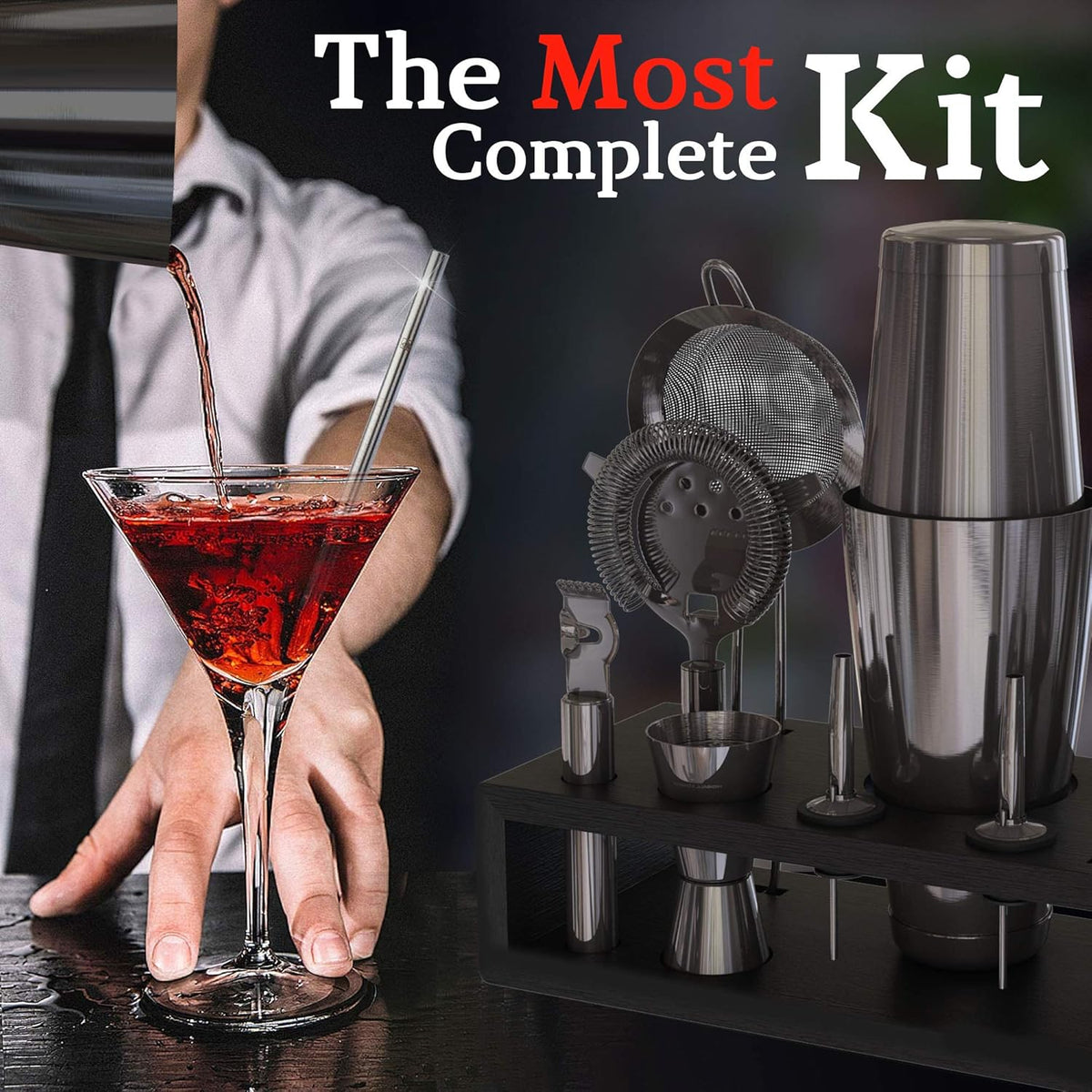 Highball & Chaser 13-Piece Gunmetal Black Stainless Steel Boston Cocktail Shaker Bar Tool Set with