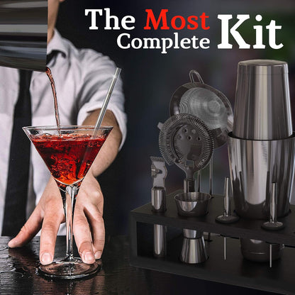 Highball & Chaser 13-Piece Gunmetal Black Stainless Steel Boston Cocktail Shaker Bar Tool Set with