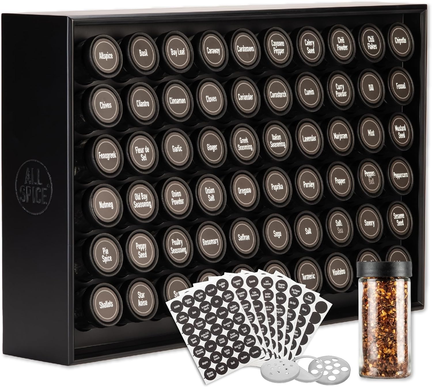 AllSpice Spice Rack Organizer, Wood, 525 Unique Labels, Countertop or Wall Mount, Includes 60 4oz
