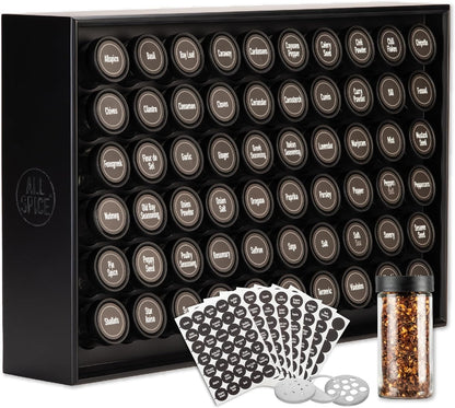 AllSpice Spice Rack Organizer, Wood, 525 Unique Labels, Countertop or Wall Mount, Includes 60 4oz