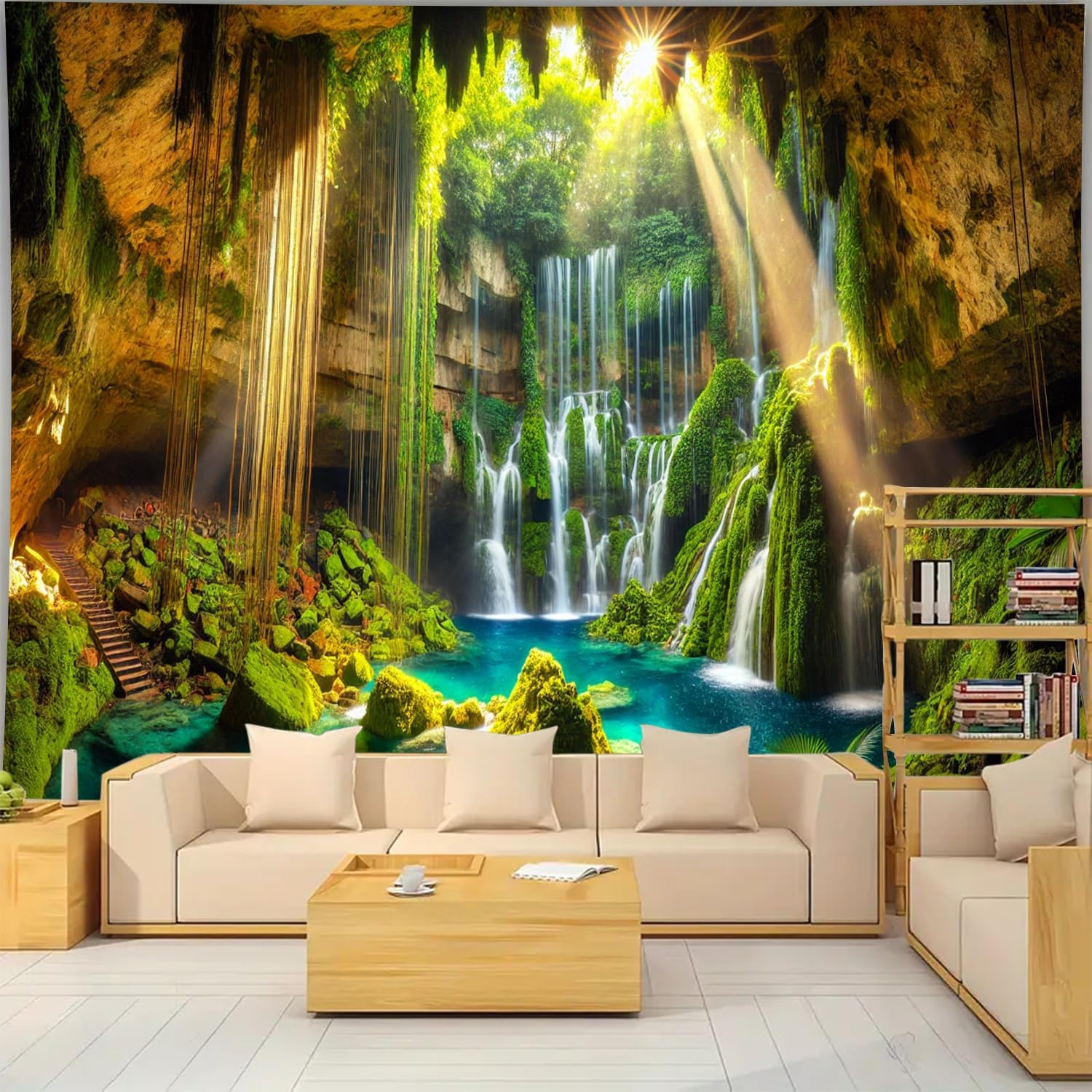 BSFHH Nature Tapestry Forest Tree Sea Cave Wall Hanging, Stream Through Rainforest Landscape Wall