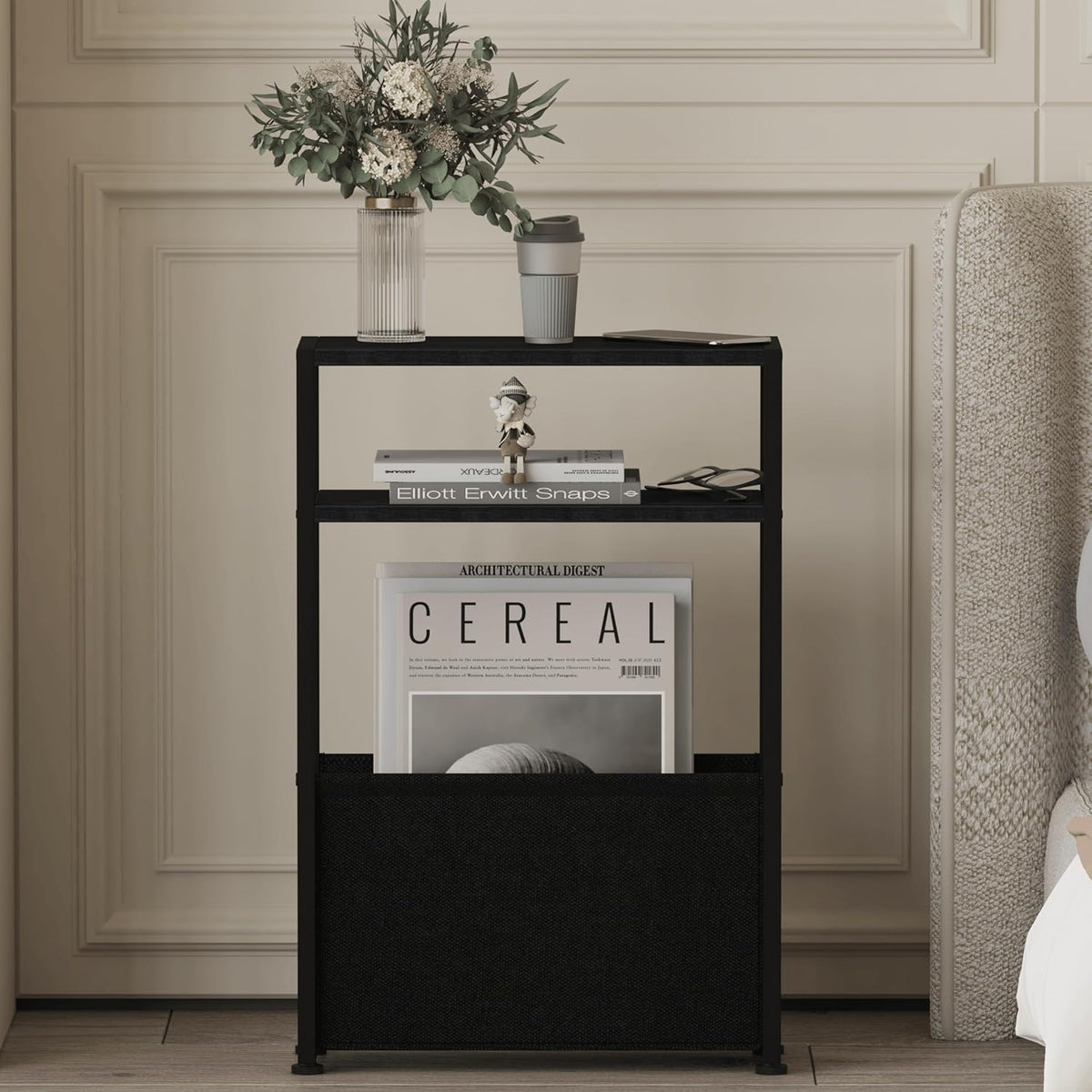 Black Side Table, Slim Side Table with Magazine Rack, Bathroom Table for Small Spaces, Narrow