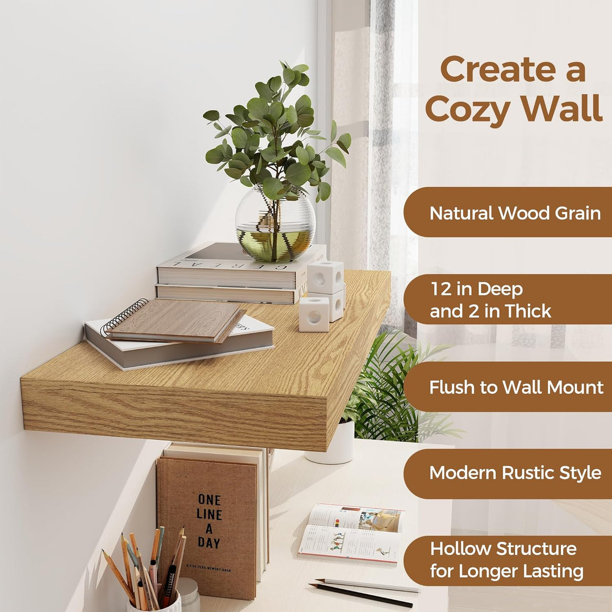 12 Inch Deep Floating Shelves, 24 x 12 Floating Shelf for Books, Rustic Wood Deep Wall Shelves for