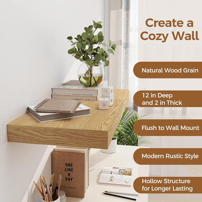 12 Inch Deep Floating Shelves, 24 x 12 Floating Shelf for Books, Rustic Wood Deep Wall Shelves for