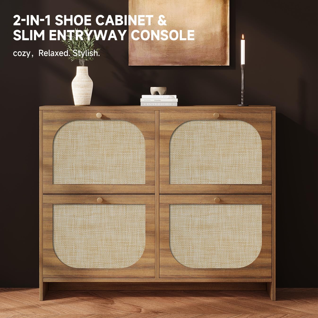 Nicetree Freestanding Ultra Slim Arched Rattan Accent Shoe Storage Cabinet for Entryway - 4 Flip