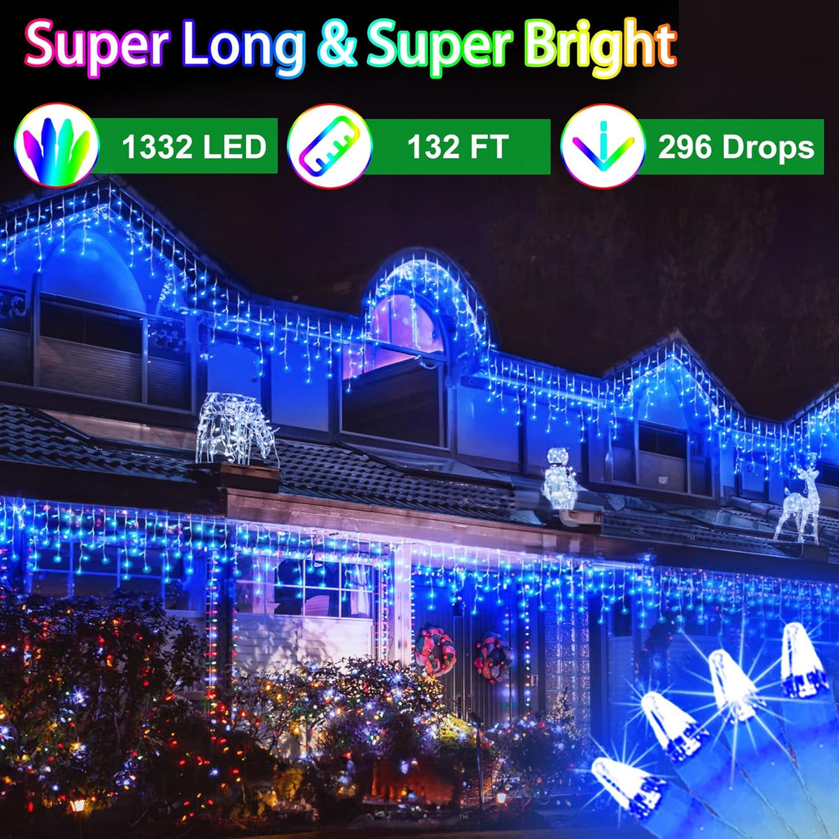 132FT 1332 LED Outdoor Christmas Lights - 296 Ice Drops, 12 Pro Modes with Timer Memory &