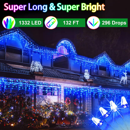 132FT 1332 LED Outdoor Christmas Lights - 296 Ice Drops, 12 Pro Modes with Timer Memory &