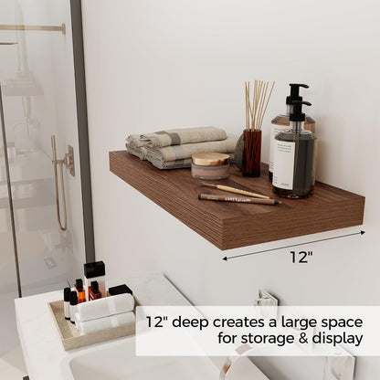 12 Inch Deep Floating Shelves, 24 x 12 Floating Shelf for Books, Rustic Wood Deep Wall Shelves for