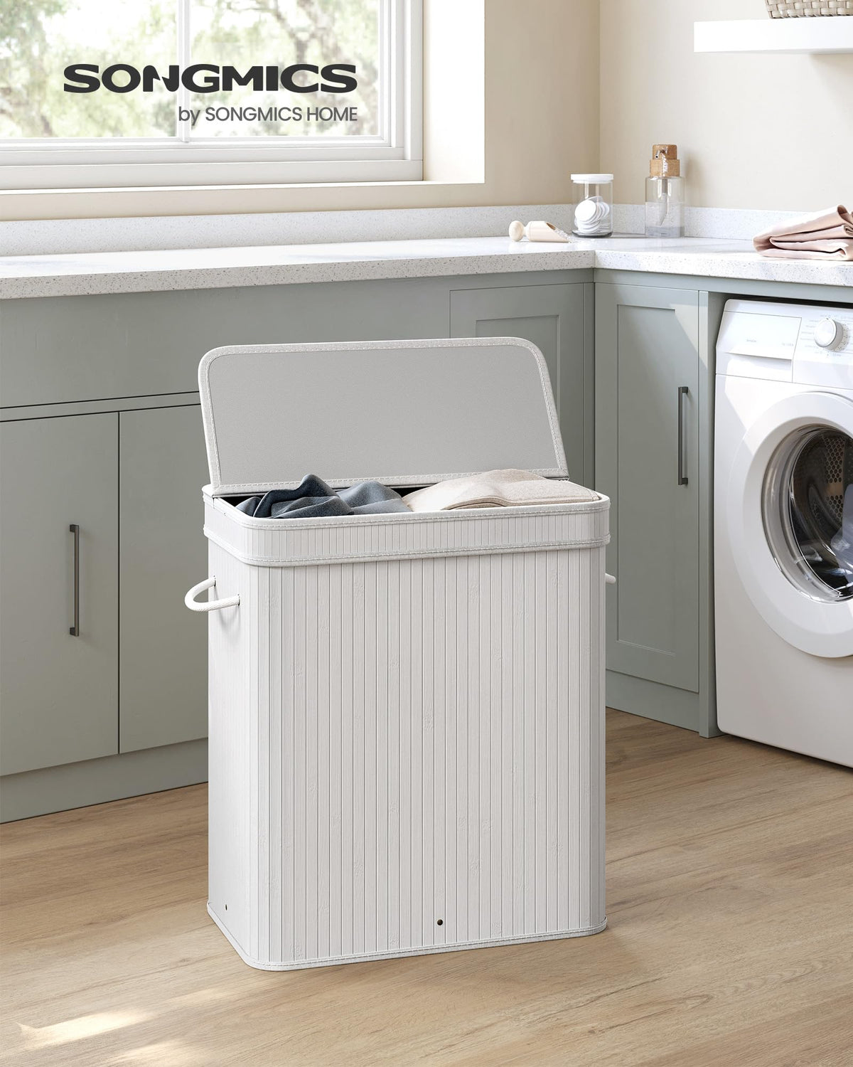 SONGMICS Laundry Hamper with Lid, Bamboo Laundry Basket, Removable Machine Washable Laundry Basket