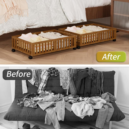 Bamboo Under Bed Storage with Wheels (2-Pack) – Rolling Underbed Shoe Organizer Box for Shoes