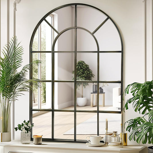 Arched Windowpane Wall Mirror 30"x40" Bronze Wall Mounted Art Pane Mirror Farmhouse Decorative