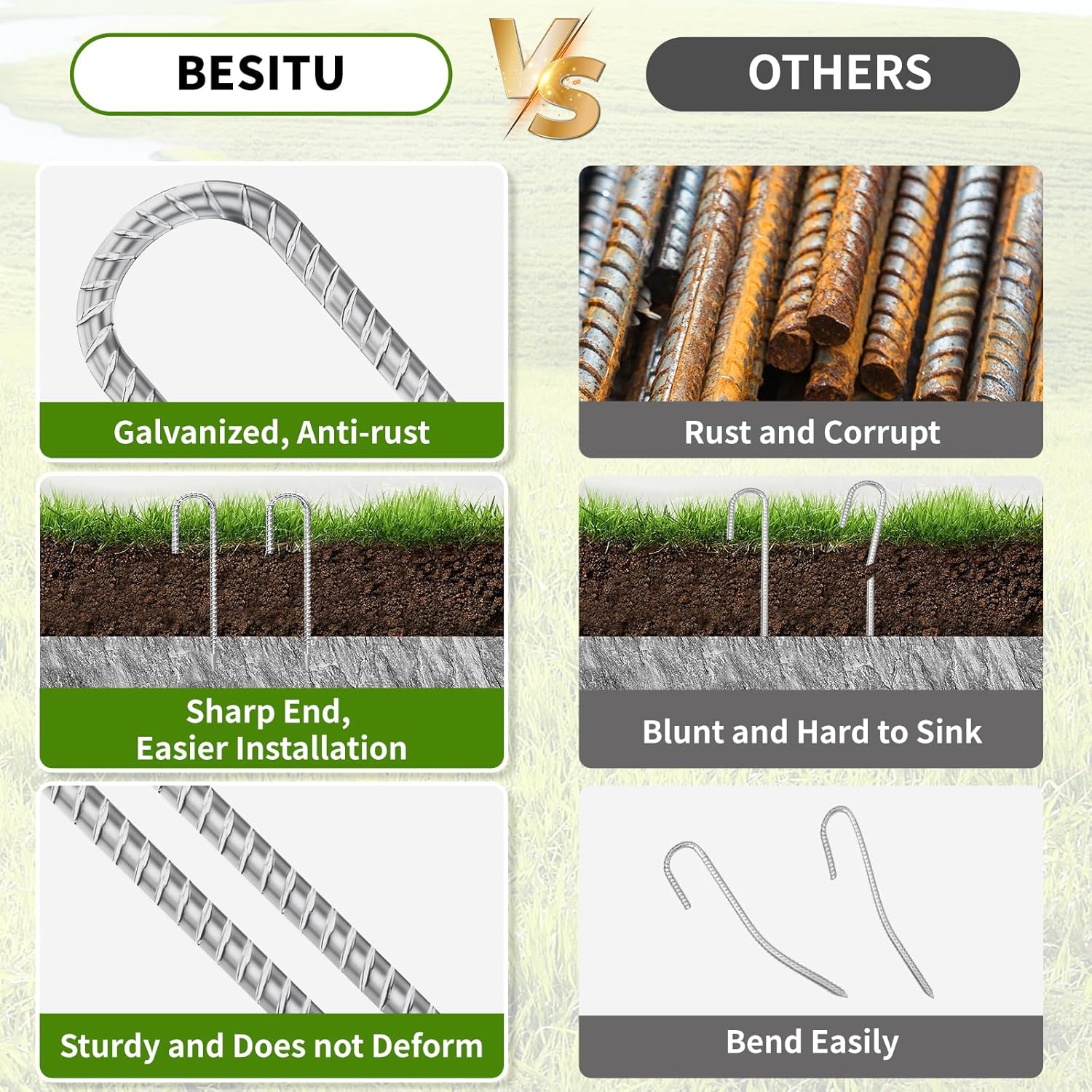 12 Inch Ground Stakes Heavy Duty J Hook 60-Pack Metal Spikes Galvanized Ground Hooks Anchors Rebar