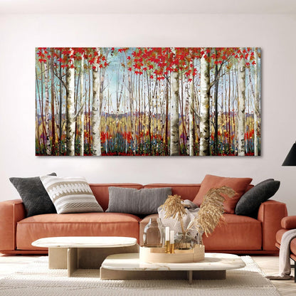 Canvas Wall Art for Living Room Bedroom Modern Wall Decor of Red Leaves White Birch Tree Forest
