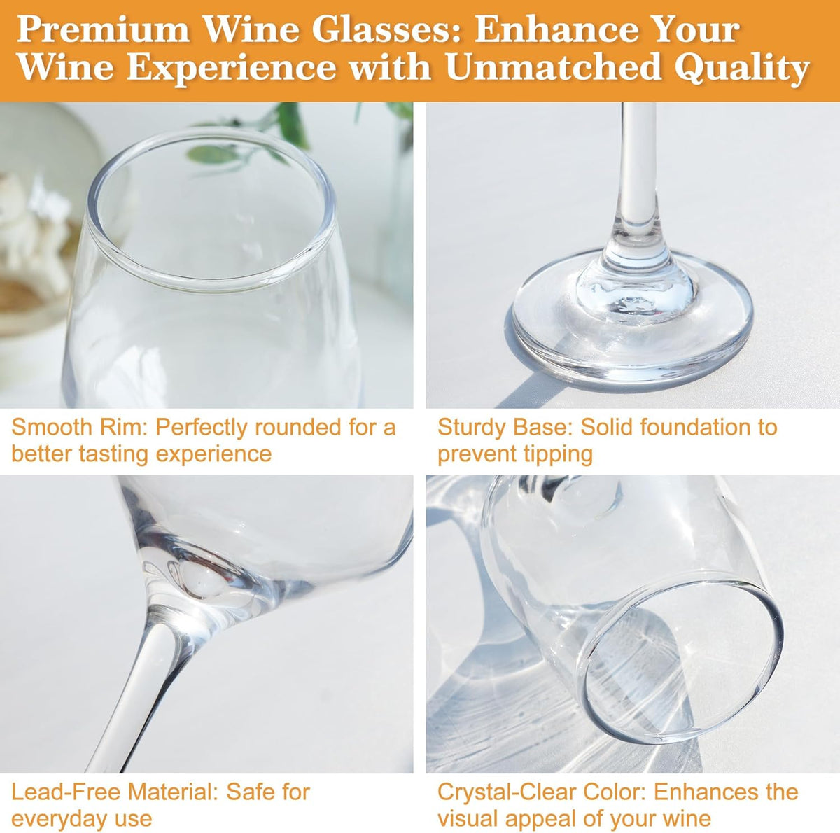 Clear Wine Glasses Set of 6-14oz Long Stem Wine Glass, Pretty Crystal Glassware, Hand Blown Goblets