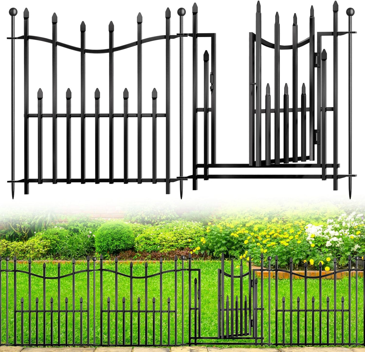 10 Panels No Dig Decorative Garden Fence with Gate, 24in(H) × 22ft(L) Heavy-Duty Rustproof Metal