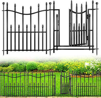 10 Panels No Dig Decorative Garden Fence with Gate, 24in(H) × 22ft(L) Heavy-Duty Rustproof Metal