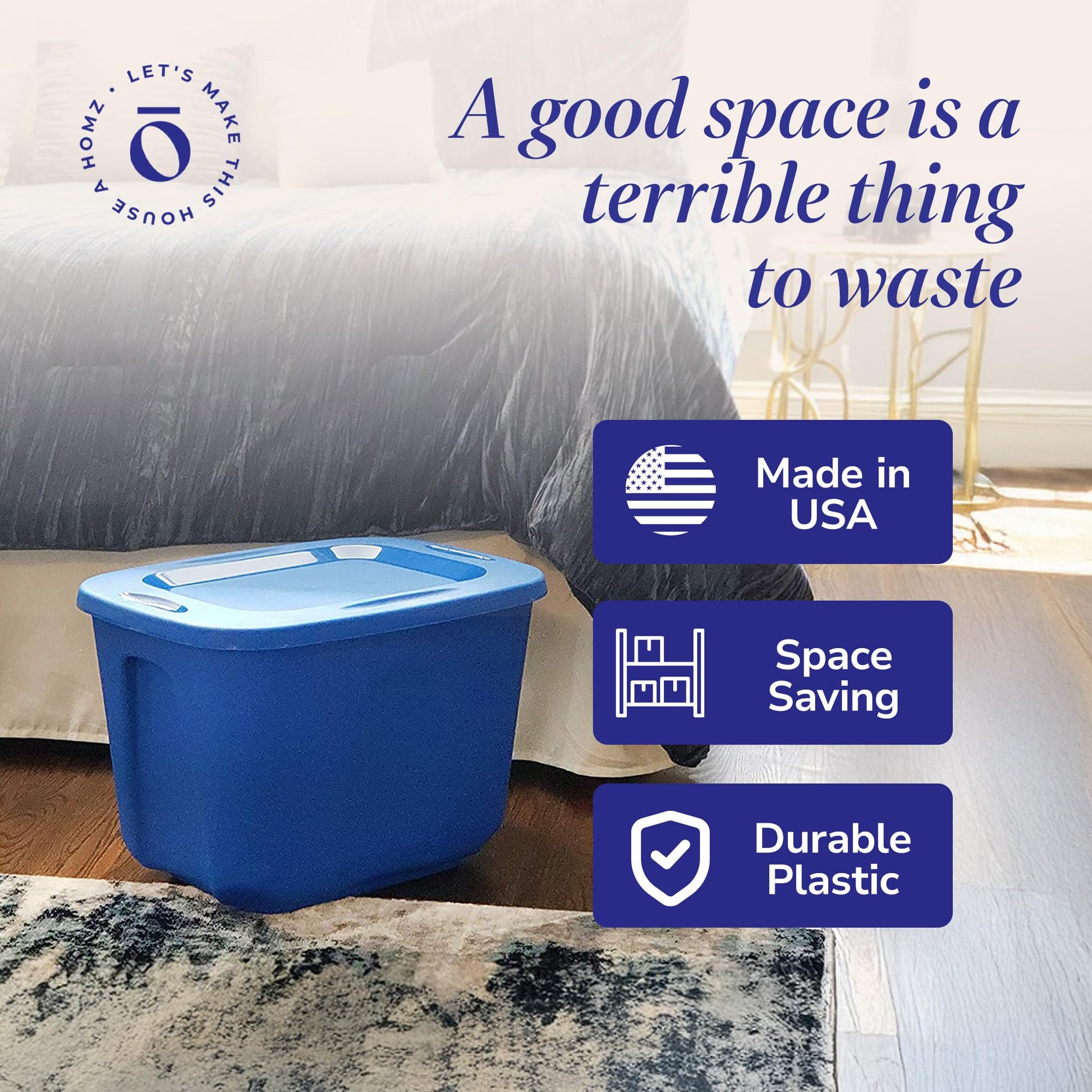 HOMZ 4-Pack Durable Molded Bin, Plastic Storage Containers w/Lids, 10 Gallon, Blue - Stackable