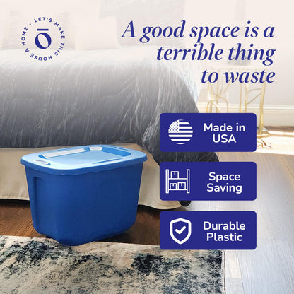 HOMZ 4-Pack Durable Molded Bin, Plastic Storage Containers w/Lids, 10 Gallon, Blue - Stackable