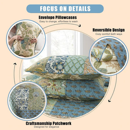 NEWLAKE Quilt Set Twin Size, 100% Cotton Patchwork Green Bohemian Quilt Sets, Reversible Bedspread