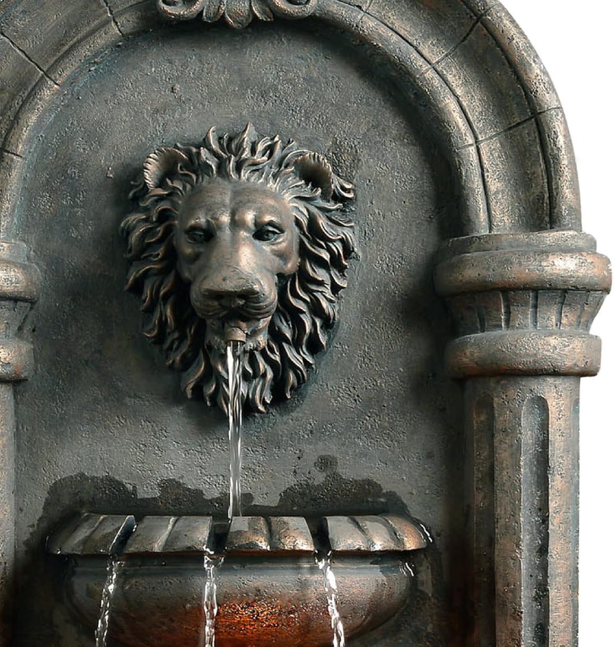 Teamson Home 32.1 in. Wall-Mounted Lion Head Stone LED Outdoor Water Fountain for Gardens