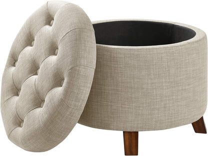 Amazon Basics Round Linen Ottoman with Storage, Tufted Upholstered Footstool for Living Room and