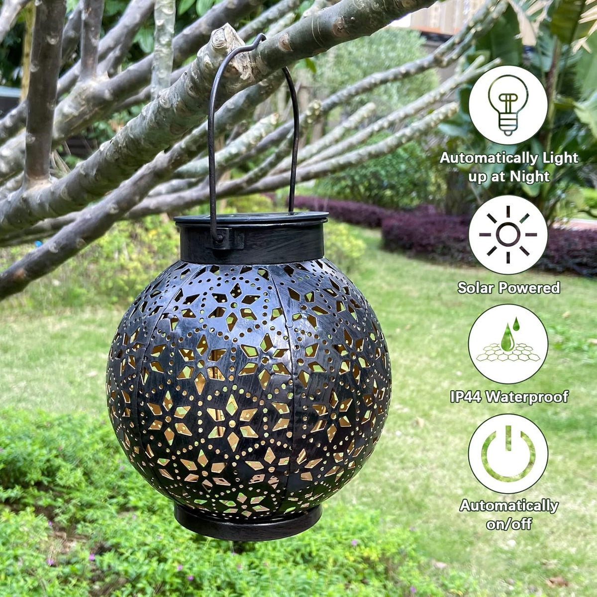 2 Pack Outdoor Solar Lantern Lights, Waterproof Tabletop LED Moroccan Lanterns, Hanging Metal