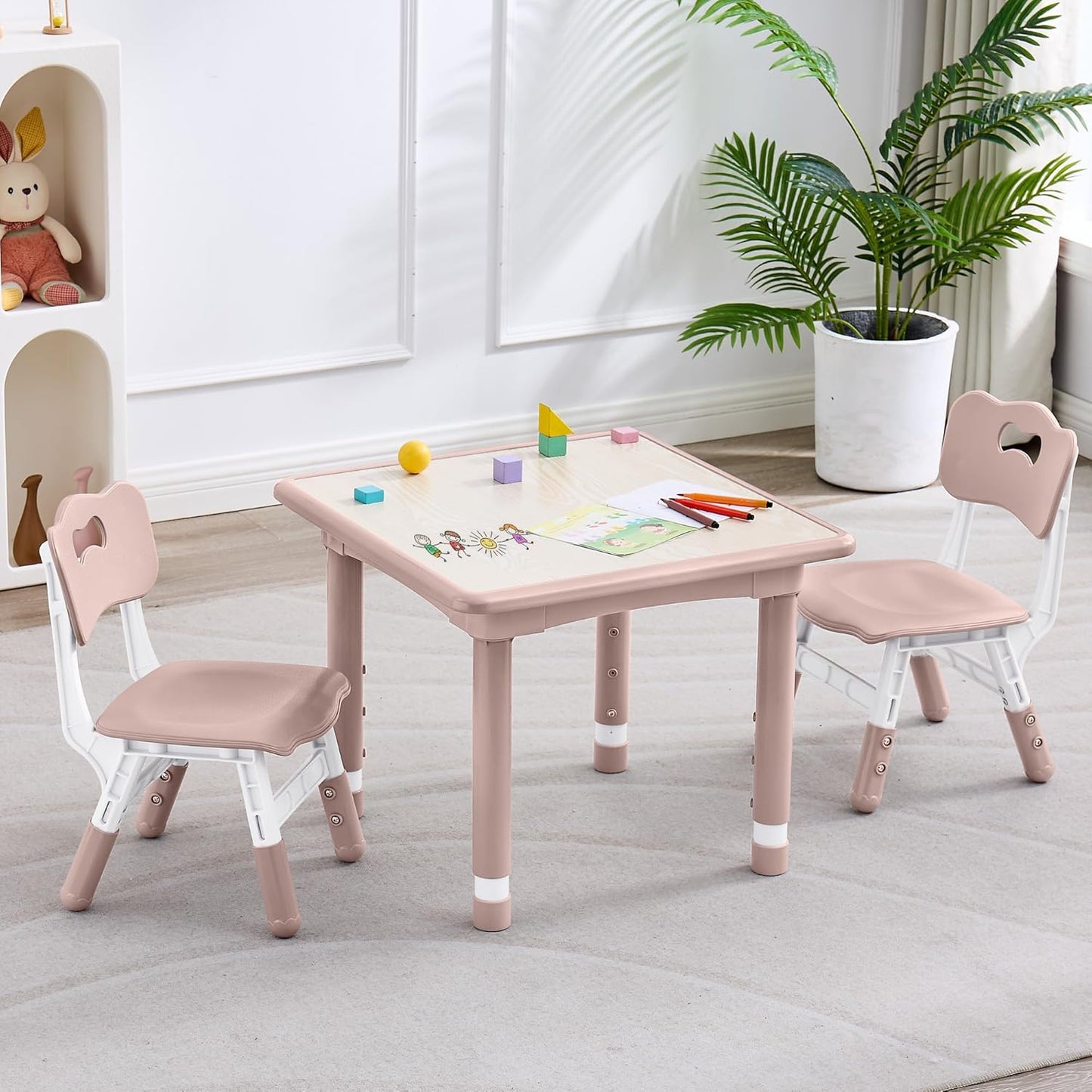 Kids Table and 2 Chairs Set, Height Adjustable (17.7"-26.1") Toddler Table and Chair Set