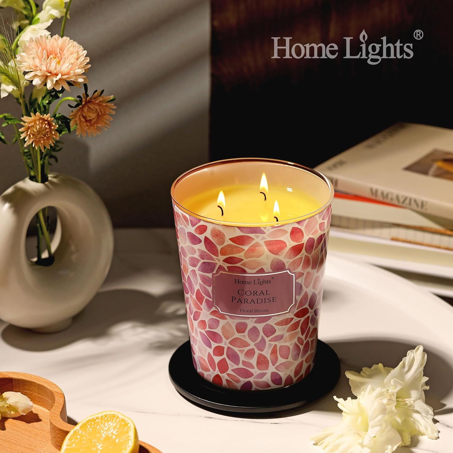 HomeLights Coral Paradise Scented Candles | 34oz Soy Candles Bohemian Natural Textures 3-Wick Large